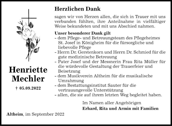 Traueranzeige von Henriette Mechler von Fränkische Nachrichten