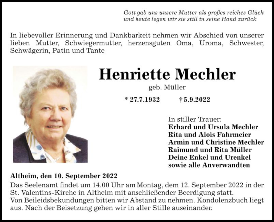 Traueranzeige von Henriette Mechler von Fränkische Nachrichten