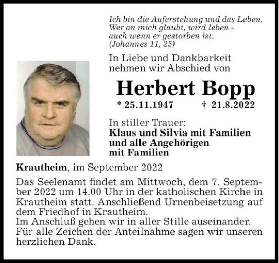 Traueranzeige von Herbert Bopp von Fränkische Nachrichten