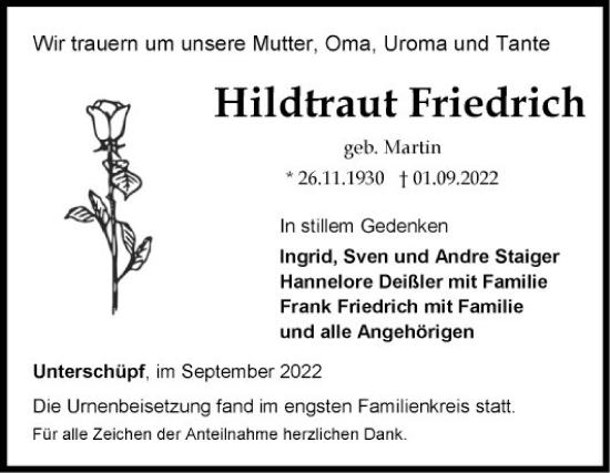 Traueranzeige von Hildtraut Friedrich von Fränkische Nachrichten