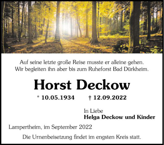 Traueranzeige von Horst Deckow von Mannheimer Morgen