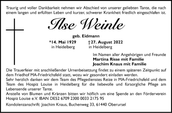 Traueranzeige von Ilse Weinle von Mannheimer Morgen