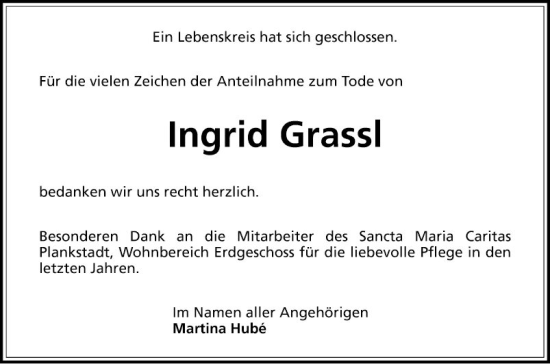 Traueranzeige von Ingrid Grassl von Schwetzinger Zeitung