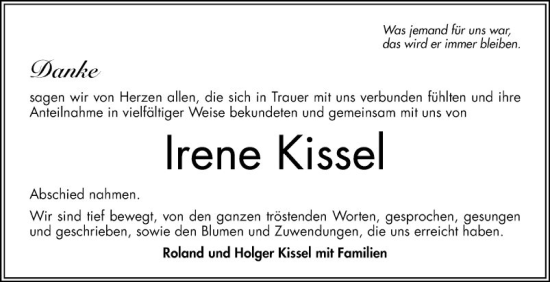 Traueranzeige von Irene Kissel von Bergsträßer Anzeiger