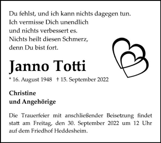 Traueranzeige von Janno Totti von Mannheimer Morgen