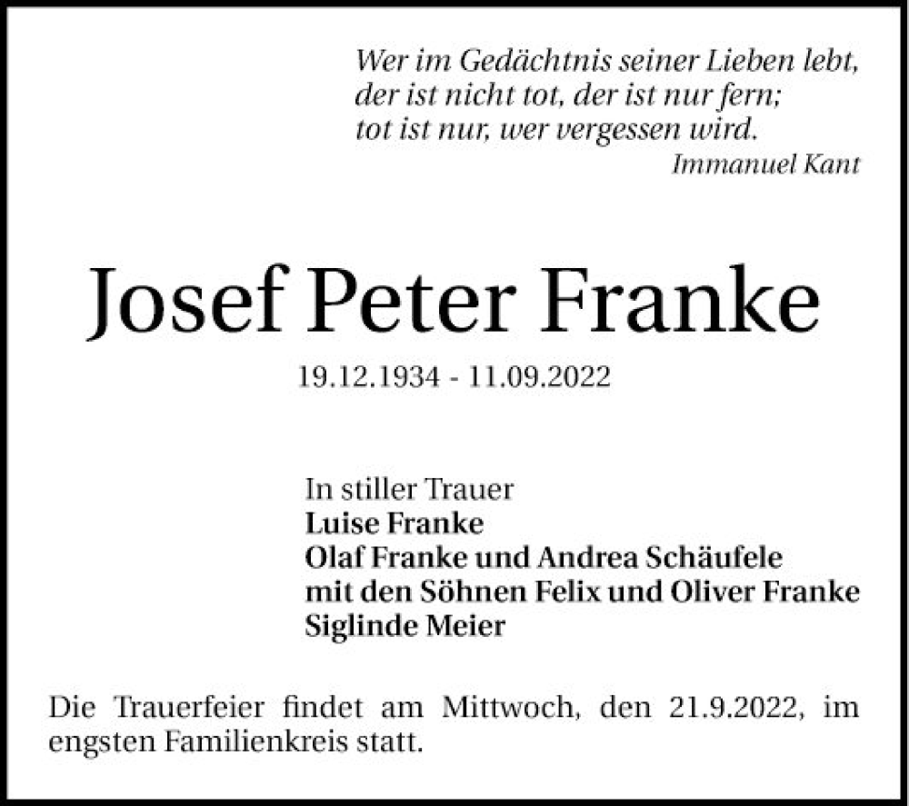  Traueranzeige für Josef Peter Franke vom 17.09.2022 aus Mannheimer Morgen
