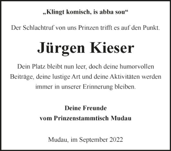 Traueranzeige von Jürgen Kieser von Fränkische Nachrichten