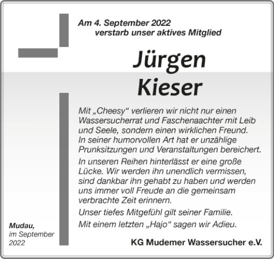 Traueranzeige von Jürgen Kieser von Fränkische Nachrichten