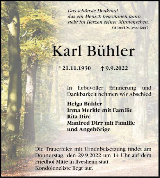 Traueranzeige von Karl Bühler von Mannheimer Morgen