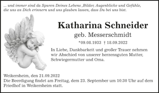 Traueranzeige von Katharina Schneider von Fränkische Nachrichten