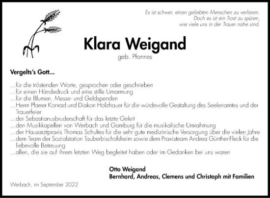 Traueranzeige von Klara Weigand von Fränkische Nachrichten