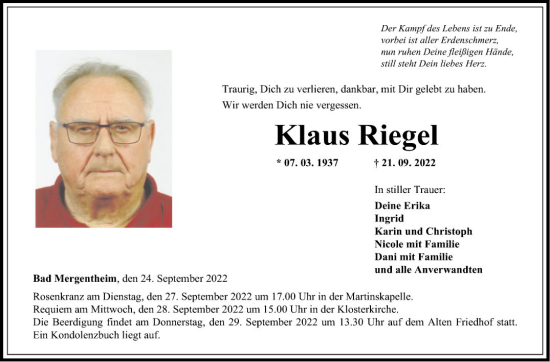 Traueranzeige von Klaus Riegel von Fränkische Nachrichten