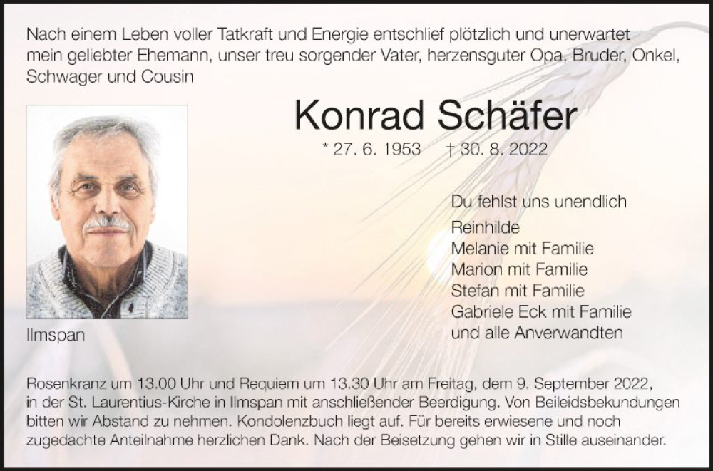  Traueranzeige für Konrad Schäfer vom 03.09.2022 aus Fränkische Nachrichten