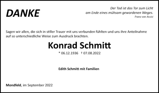 Traueranzeige von Konrad Schmitt von Fränkische Nachrichten