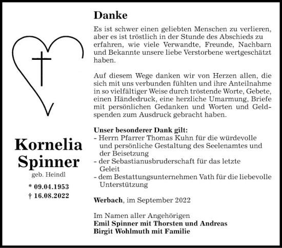 Traueranzeige von Kornelia Spinner von Fränkische Nachrichten