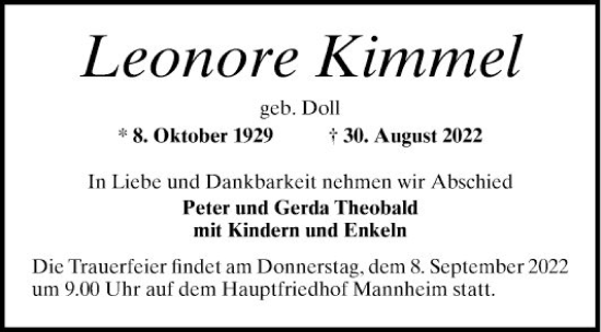 Traueranzeige von Leonore Kimmel von Mannheimer Morgen