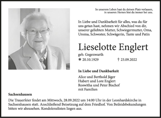 Traueranzeige von Lieselotte Englert von Fränkische Nachrichten