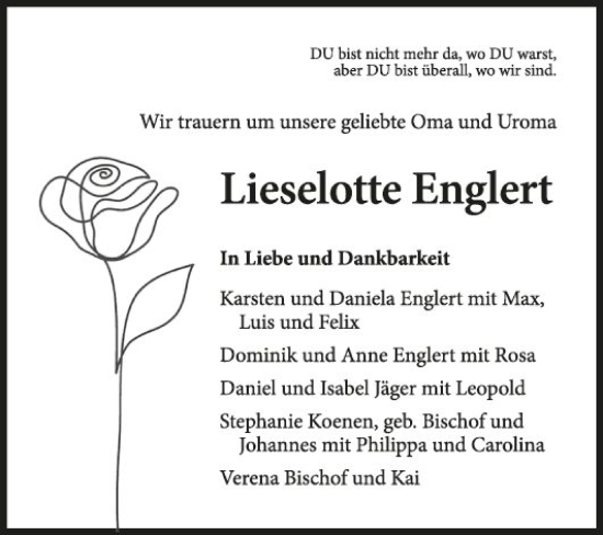 Traueranzeige von Lieselotte Englert von Fränkische Nachrichten