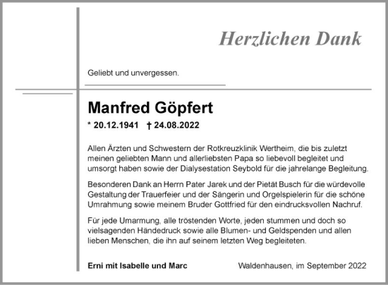 Traueranzeige von Manfred Göpfert von Fränkische Nachrichten