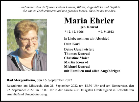 Traueranzeige von Maria Ehrler von Fränkische Nachrichten