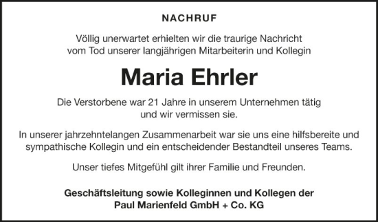 Traueranzeige von Maria Ehrler von Fränkische Nachrichten