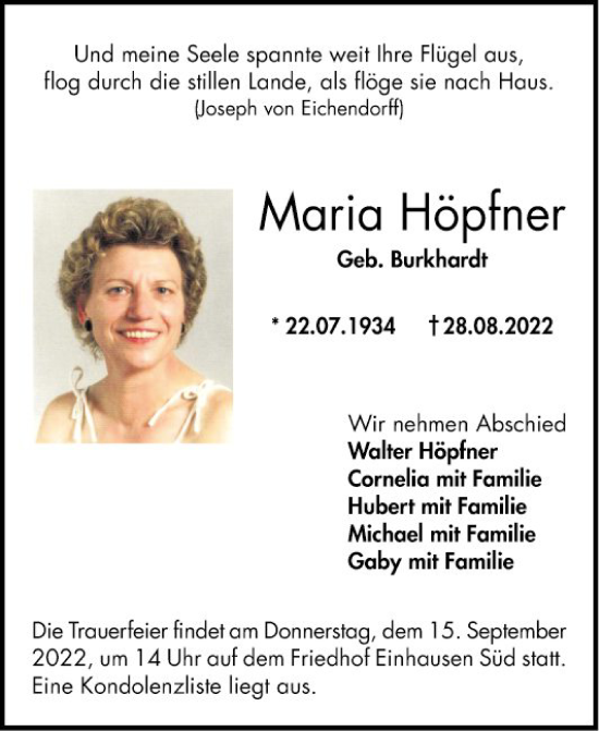 Traueranzeige von Maria Höpfner von Bergsträßer Anzeiger