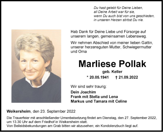 Traueranzeige von Marliese Pollak von Fränkische Nachrichten