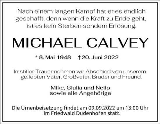 Traueranzeige von Michael Calvey von Mannheimer Morgen