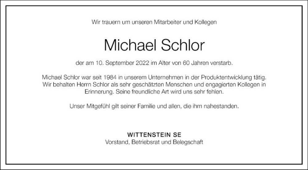  Traueranzeige für Michael Schlor vom 01.10.2022 aus Fränkische Nachrichten
