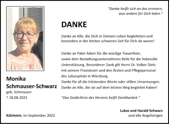 Traueranzeige von Monika Schmauser-Schwarz von Fränkische Nachrichten