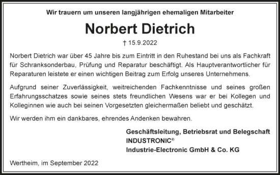 Traueranzeige von Norbert Dietrich von Fränkische Nachrichten