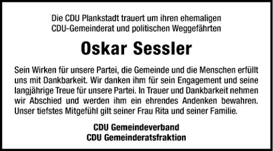 Traueranzeige von Oskar Sessler von Schwetzinger Zeitung