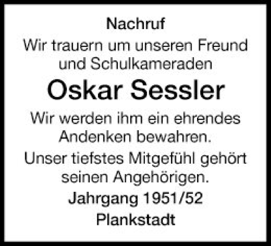 Traueranzeige von Oskar Sessler von Schwetzinger Zeitung