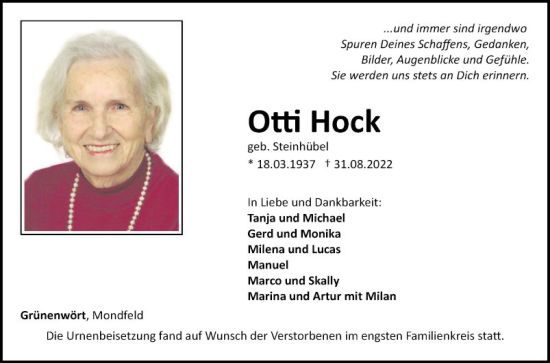 Traueranzeige von Otti Hock von Fränkische Nachrichten