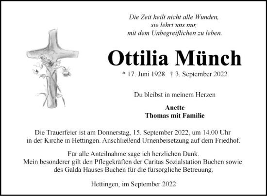 Traueranzeige von Ottilia Münch von Fränkische Nachrichten