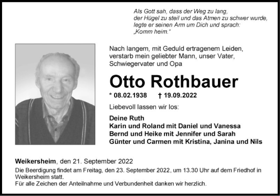 Traueranzeige von Otto  Rothbauer von Fränkische Nachrichten