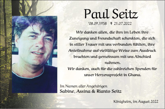 Traueranzeige von Paul Seitz von Fränkische Nachrichten