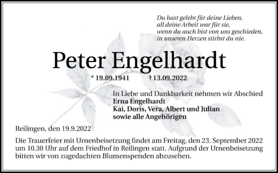 Traueranzeige von Peter Engelhardt von Schwetzinger Zeitung