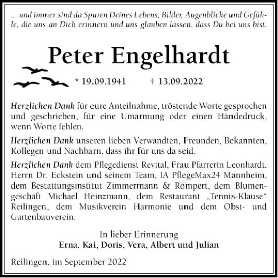 Traueranzeige von Peter Engelhardt von Schwetzinger Zeitung