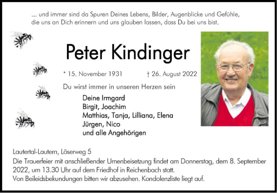 Traueranzeige von Peter Kindinger von Bergsträßer Anzeiger