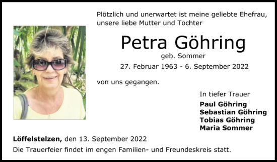 Traueranzeige von Petra Göhring von Fränkische Nachrichten