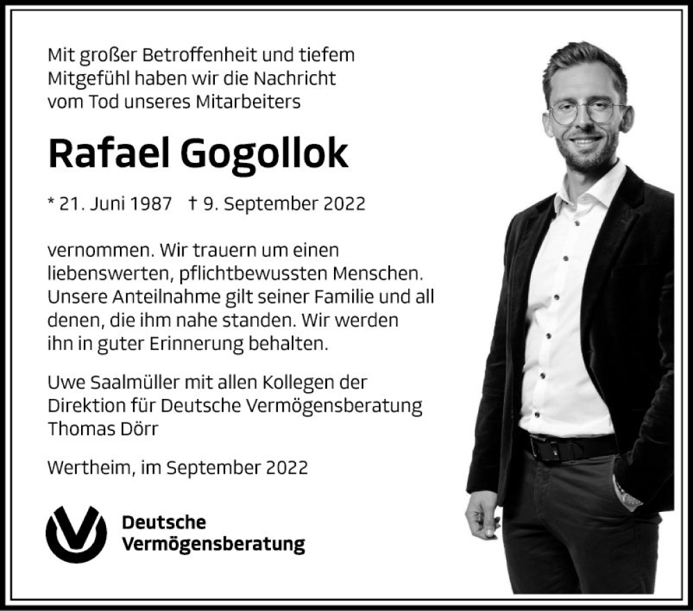  Traueranzeige für Rafael Gogollok vom 13.09.2022 aus Fränkische Nachrichten