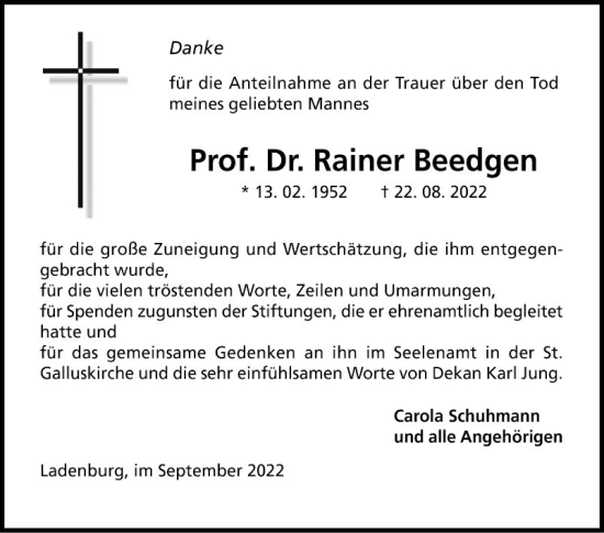 Traueranzeige von Rainer Beedgen von Mannheimer Morgen