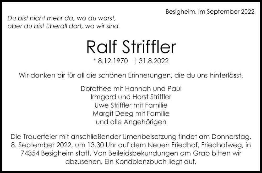  Traueranzeige für Ralf Striffler vom 06.09.2022 aus Fränkische Nachrichten