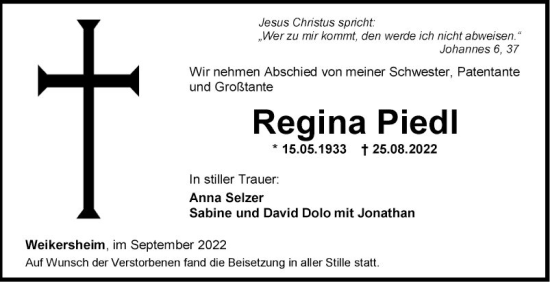 Traueranzeige von Regina Piedl von Fränkische Nachrichten