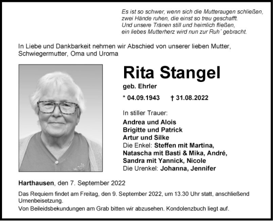 Traueranzeige von Rita Stangel von Fränkische Nachrichten