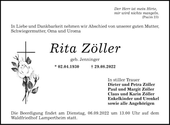 Traueranzeige von Rita Zöller von Mannheimer Morgen