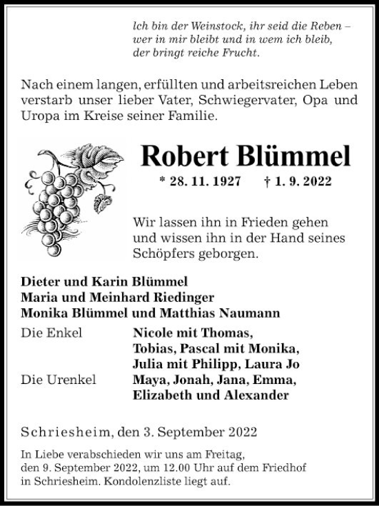 Traueranzeige von Robert Blümmel von Mannheimer Morgen