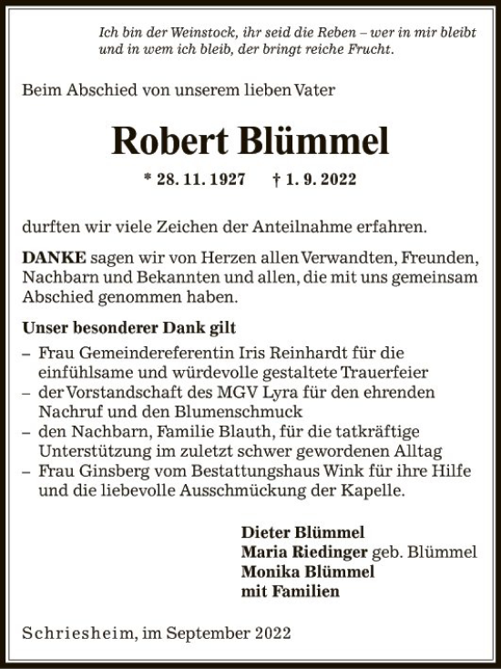 Traueranzeige von Robert Blümmel von Mannheimer Morgen