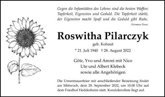 Traueranzeige von Roswitha Pilarczyk von Mannheimer Morgen